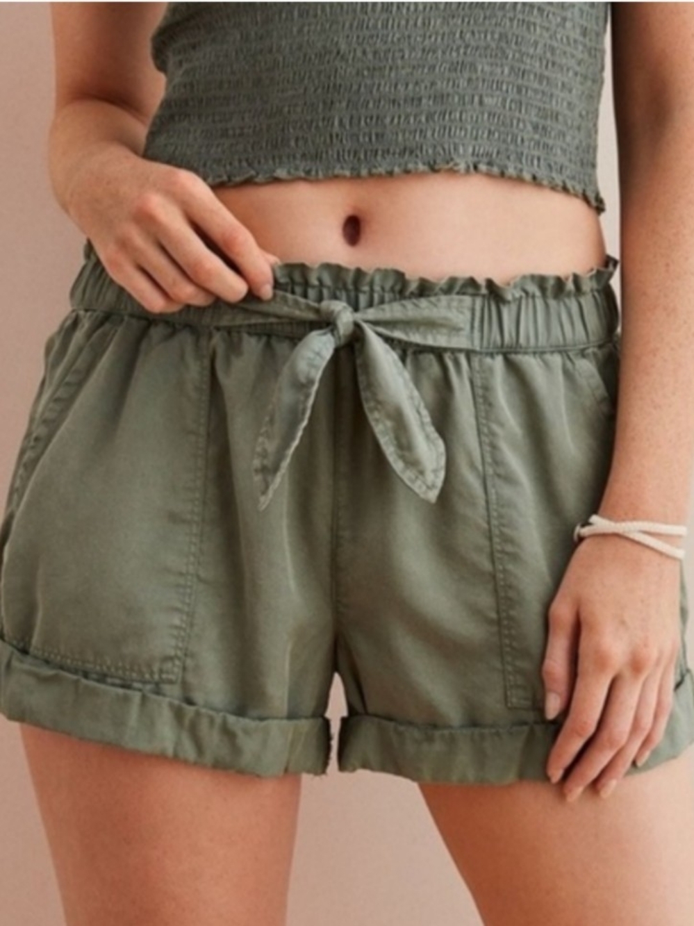 Aerie Womens Army Green Paperbag High Waist Tie Waist Mom Shorts Size Small